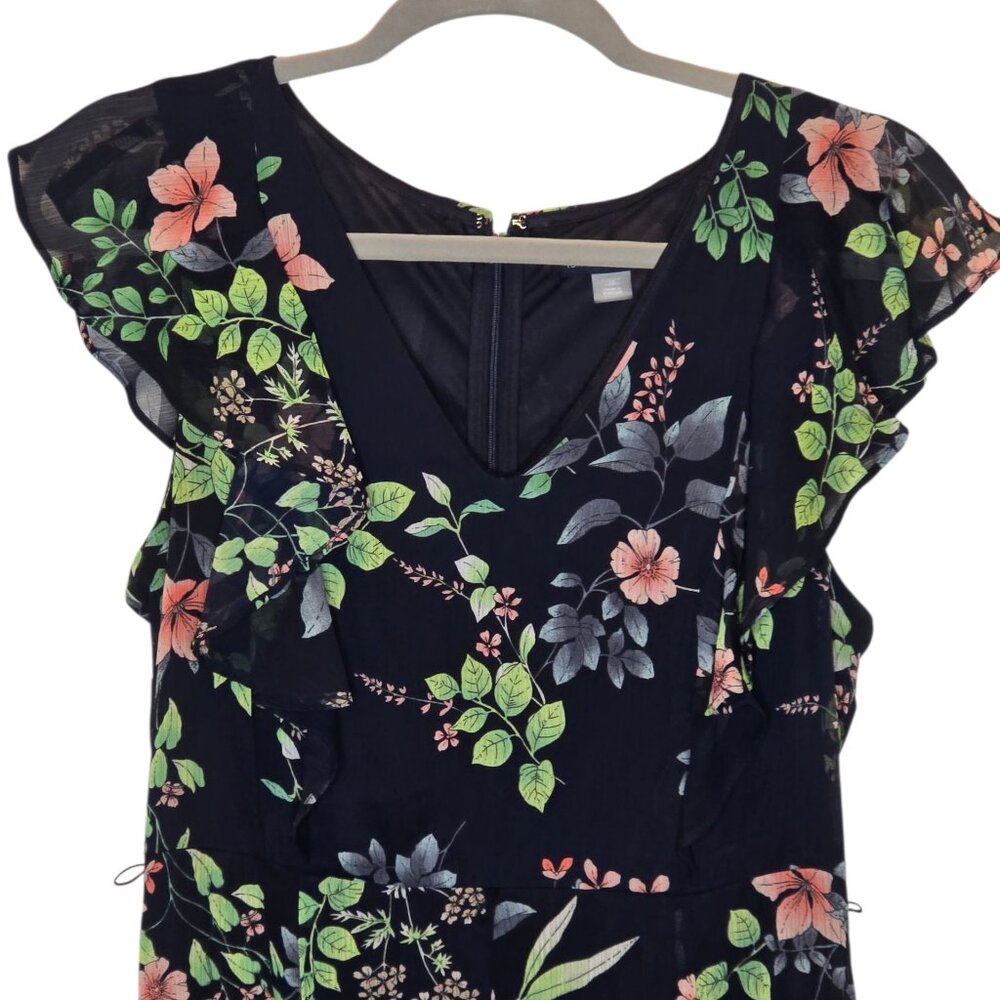 Tommy Hilfiger Floral Midi Dress 10 Black Flutter Sleeve Fit Flare Cottagecore - Picture 2 of 8